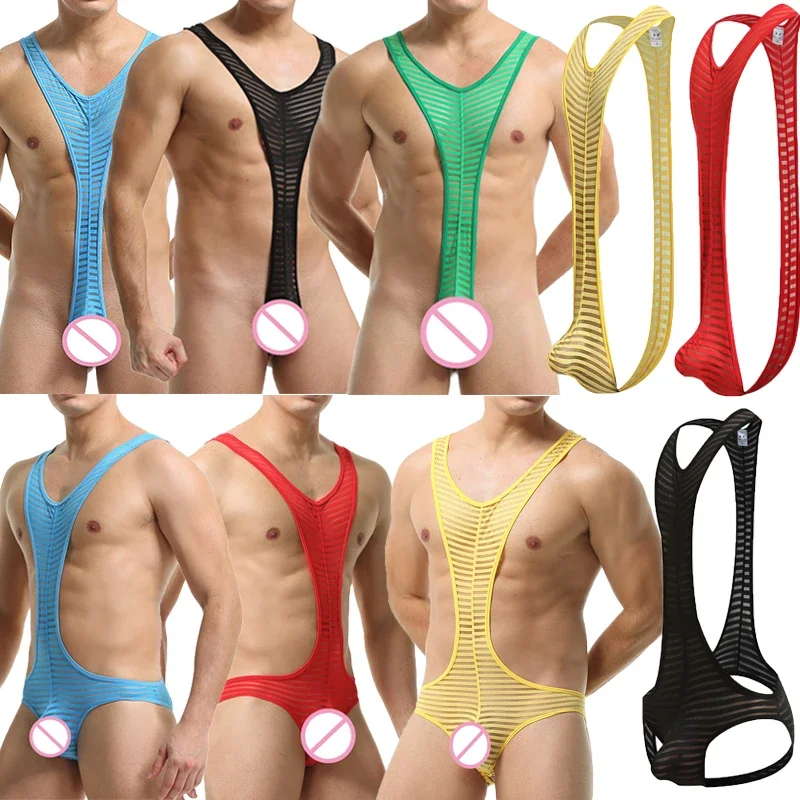 Sexy Men Undershirts Lingerie Ultra-thin Transparent Striped Bodysuit Leotard Wrestling Singlet Jumpsuits Sheer Gay Underwear