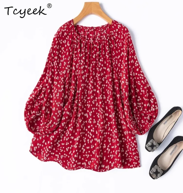 

Tcyeek Summer 100% Mulberry Silk Tshirts,Women Double Crepe Printing Straight Tops Loose Half Sleeve Tees New 2025 T55711JF
