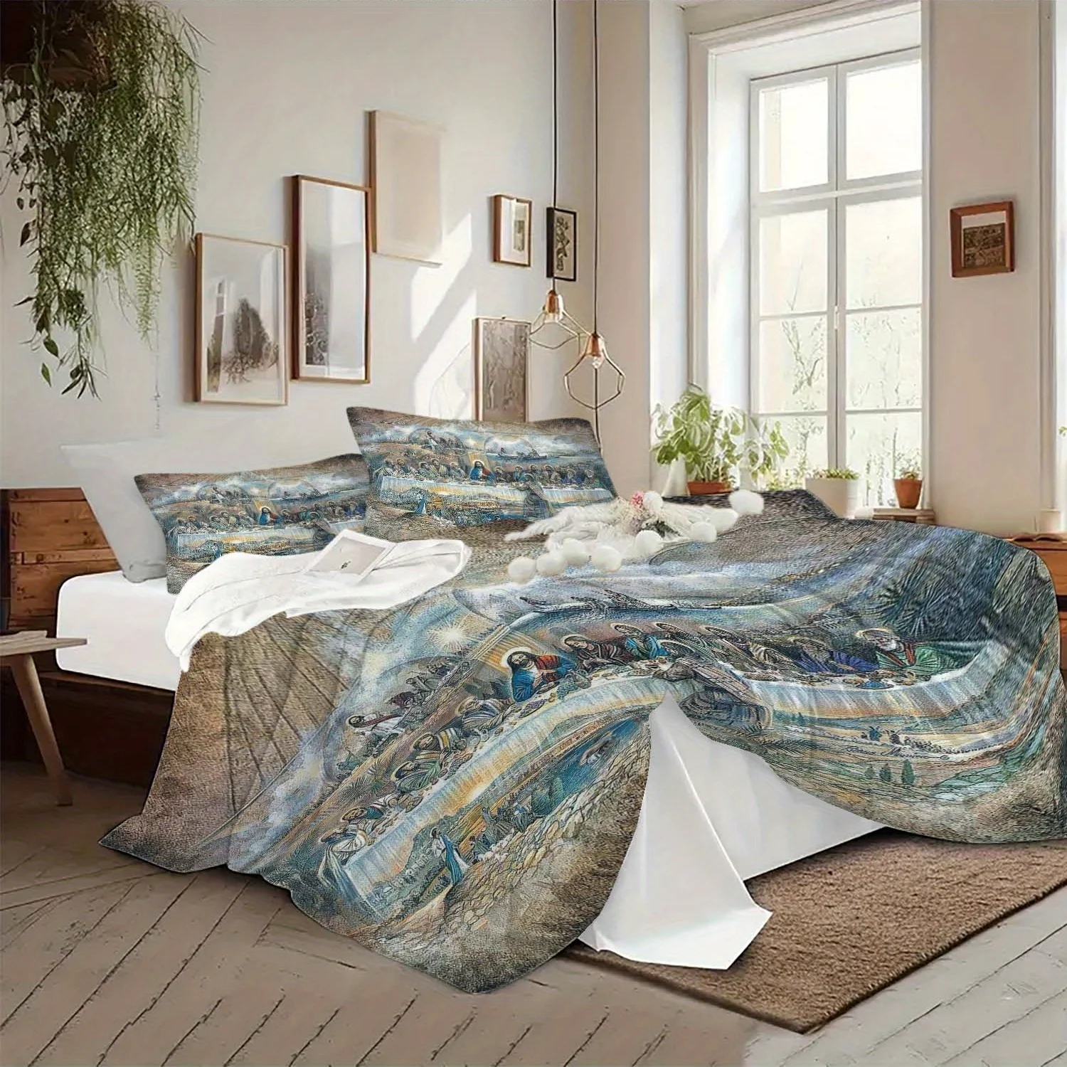 3pcs Religious Art Quilt Cover Set - The Last Supper & Biblical Scenes, All-Season Polyester Bedding with Zipper Closure