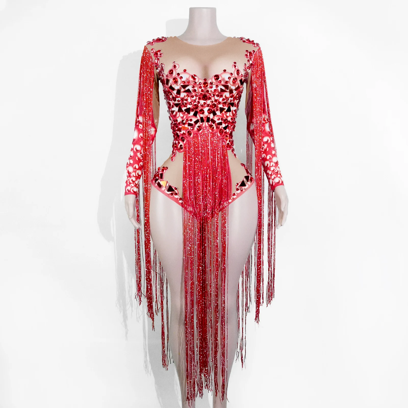 Traje de una pieza con borlas y lentejuelas rojas para actuación en escenario, club nocturno, Dj, fiesta de cumpleaños, cantante, Drag Queen, traje ajustado, disfraz de Gogo