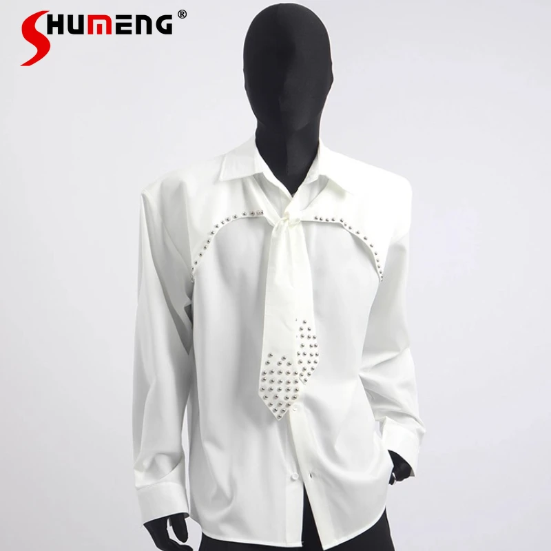 

American Style Fashion Versatile Solid Color Niche Rivet Tie Shirts Men's 2025 Spring Autumn New Handsome Loose Long-sleeve Tops