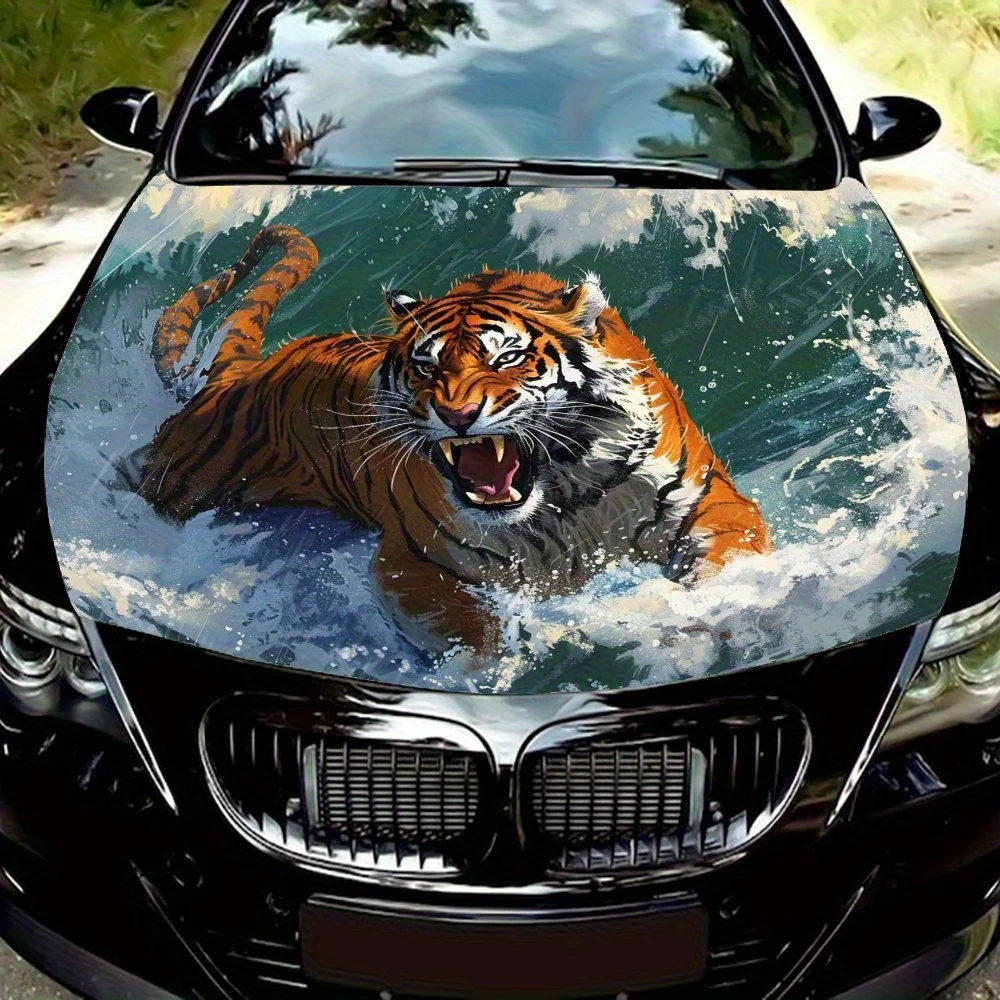 

A Lively Tiger In The Water Car Hood Decal Sticker - Splash-Resistant PVC Vinyl Wrap, Easy Removal No Residue, Fit For Most Vehi