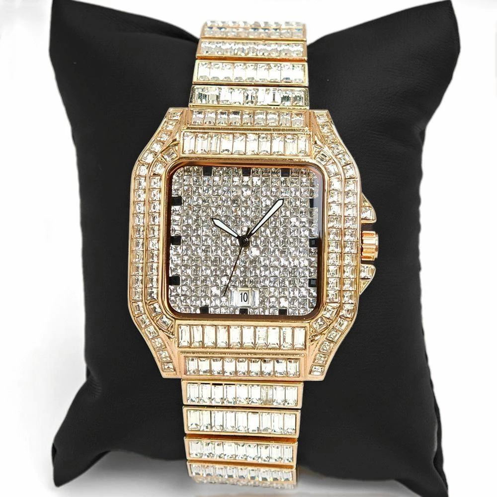 

Luxury Gold Watch For Men Fashion Brand UNIGUET Hip Hop Full Baguette Diamond Jewelry Quartz Wrist Watch Mans Relogio Masculino
