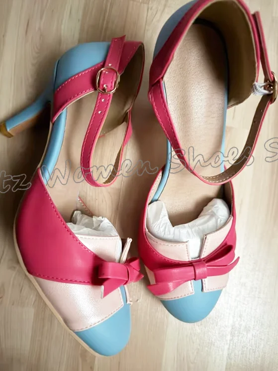

Лоскутные туфли-лодочки с бантиками, кожаные разноцветные туфли с круглым носком, тонкие каблуки с пряжкой и ремешком, модная милая элегантная обувь для девочек, новая вечеринка, свадьба