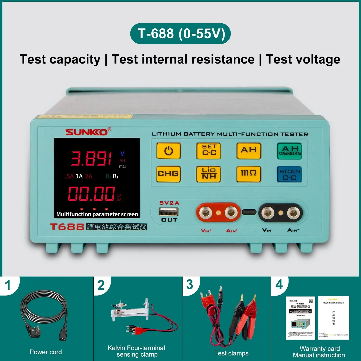 Probador multifunción del grupo de baterías de litio T-688 0-55V para pruebas internas de resistencia/voltaje/capacidad