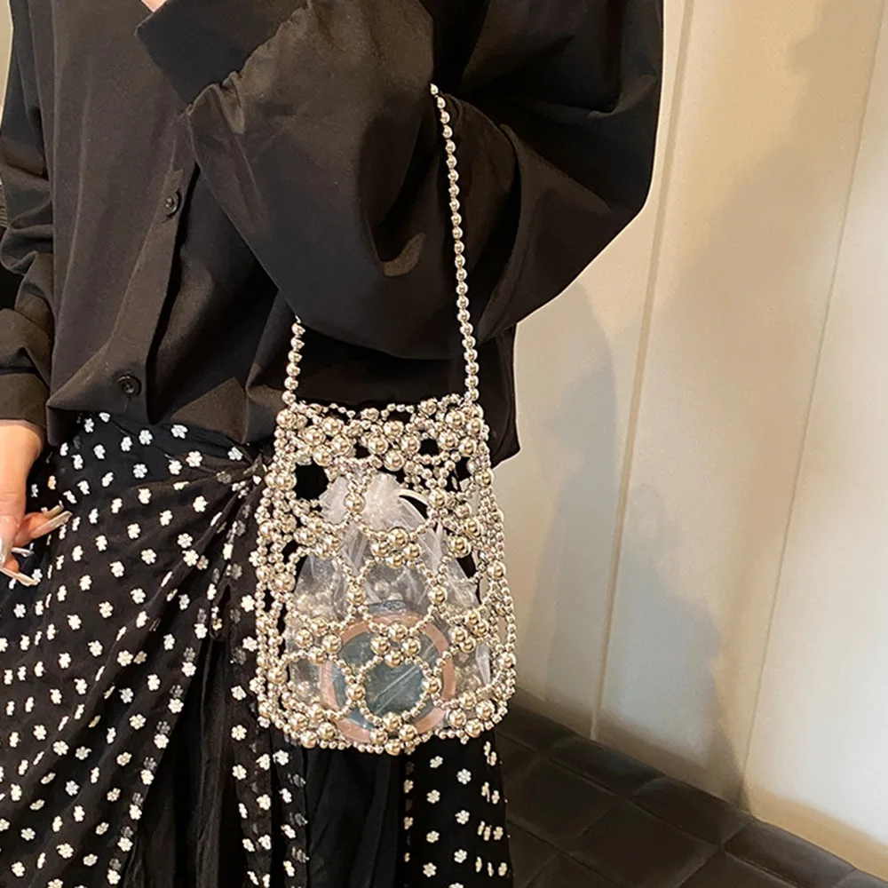 

Fashion Luxury Pearl Beaded Bag Hollow Out with Inner Bag Woven Bead underarm Bag Bohemia Handmade Small Phone Pouch Girl