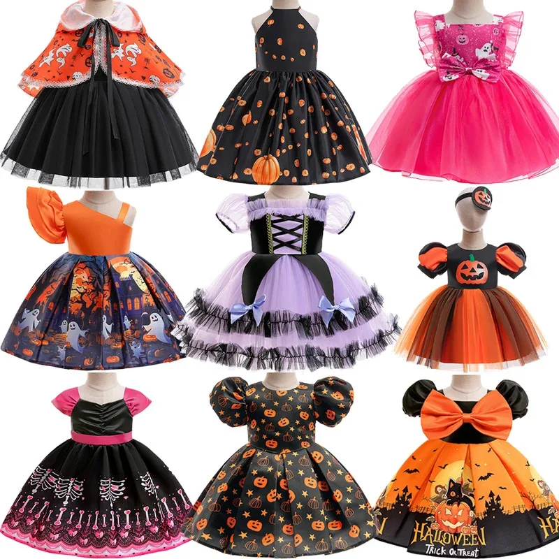 

Toddler Halloween Costume Girls Cosplay Witch Pumpkin Skeleton Print Bowknot Dress Kids Festival Party Performance Clothing