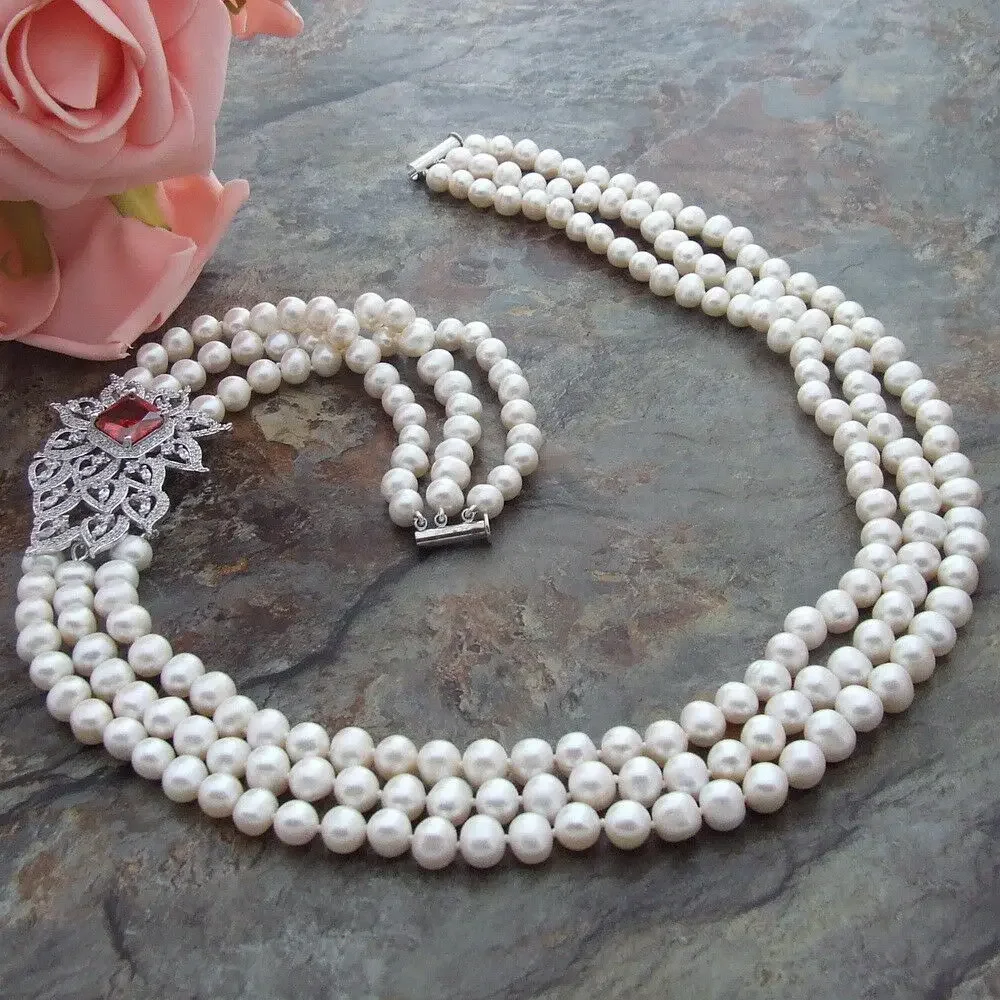 

21''-23" 3Strands White freshwater Pearl Necklace zircon Connector