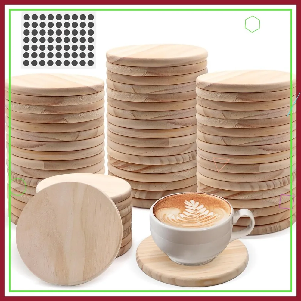 

60 PCS 4 Inch Unfinished Round Wood Coasters with Non-Slip Foam Pads for DIY Painting and Home Decoration