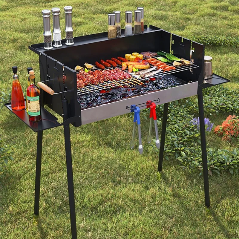 Outdoor Picnic Grill Stainless Steel Portable With Windshield BBQ Charcoal Grill Camping Dinner Large Capacity Foldable Grill