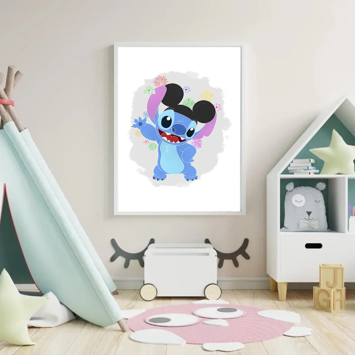 

Stitch canvas poster inspired by the Disney movie "Lilo & Stitch". Features Stitch pattern and Mickey ears. Ideal for home décor