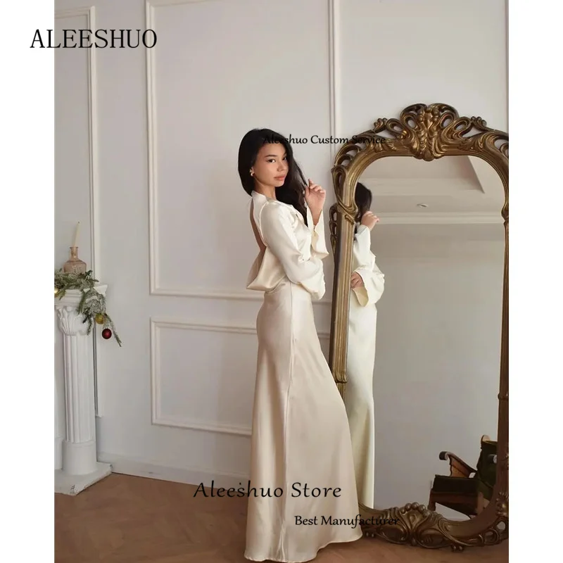 Aleeshuo Elegant Satin Mermaid Long Sleeves Prom Gowns Arabic Dubai Simple Sexy Backless Pleat Floor-Lengthفساتين مناسبة رس2024