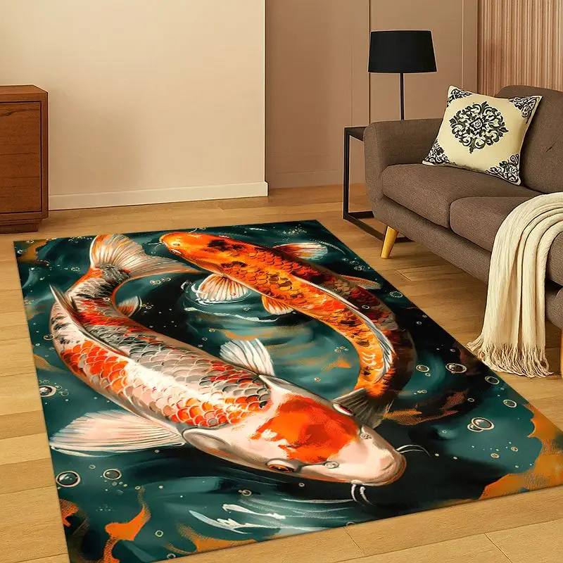 GOOD LUCK Koi Fish Yin Yang Carp Cartoon Carpet Rug for Bedroom Living Room Sofa Playroom Doormat Home Decor,Area Rug Non-slip