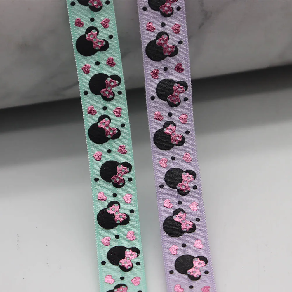 

5/8'' 15mm Pink Foil Cartoon Mouse Characters Printed FOE Band Fold Over Elastic Ribbon For Hair Ties DIY Sewing Accessories