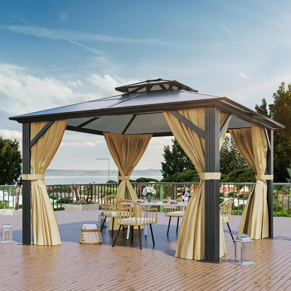 

12x14FT Gazebo Hard-Top Roof Canopy Outdoor with Netting and Shaded Curtains, Aluminum Frame Polycarbonate Hardtop Garden Tent