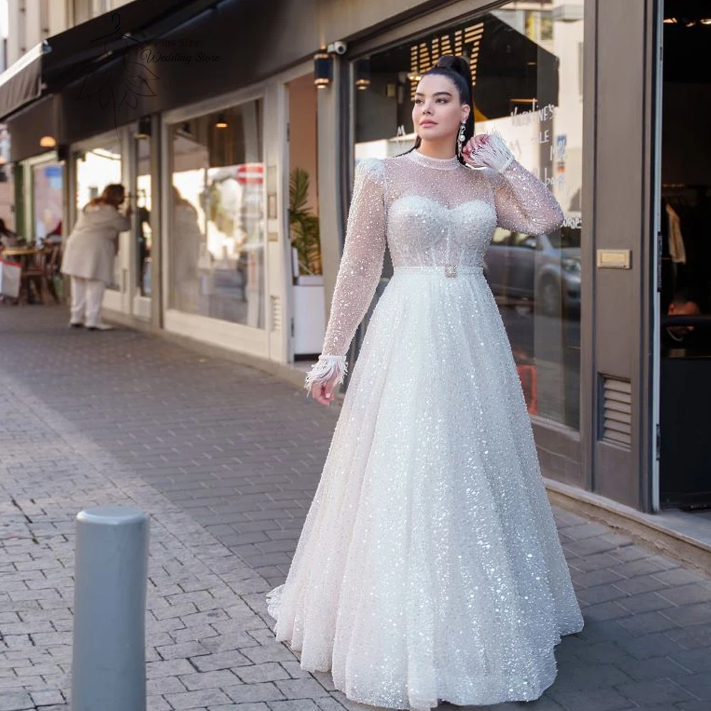 Glitter Wedding Dresses Plus Size High Neck Long Sleeves Bride Gowns Sequined Pearls Sweep Train Tulle A-Line Vestido De Novia