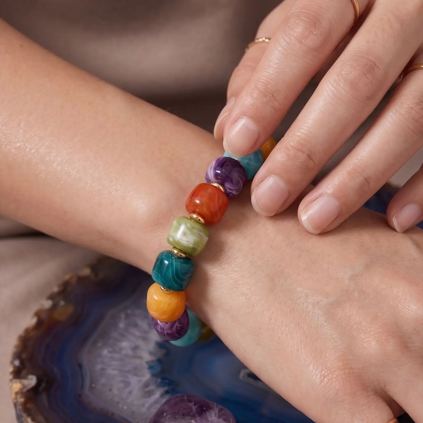Bohemian Rainbow Acrylic Square Beaded Bracelet for Women Adjustable Summer Vacation, Colorful Candy Collision Jewelry Gift