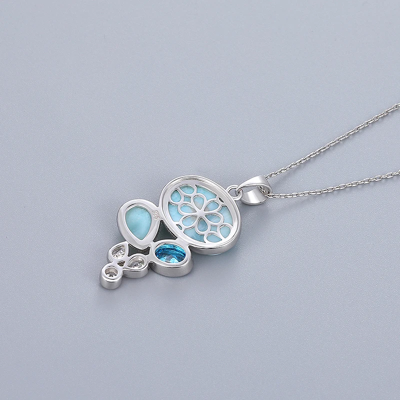 Candy Color 925 Sterling Silver Jewelry Gift Classic Pendant Necklace Natural Precious Larimar Retro Woman Contracted Style