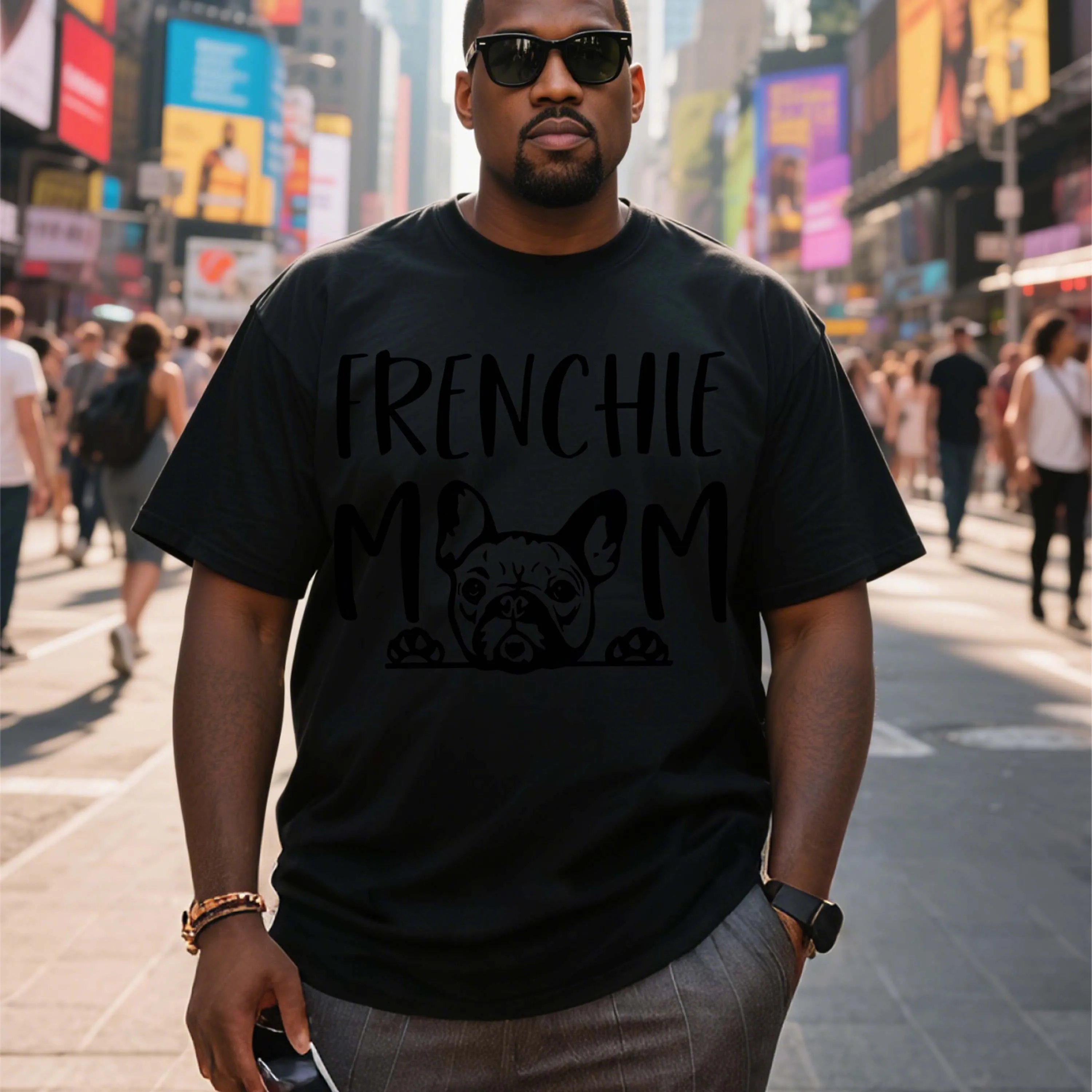 Plus Size Black Short Sleeve T-Shirt with French Bulldog Pattern“Frenchie Mom” Suitable for Outdoor Leisure Wear in Summer