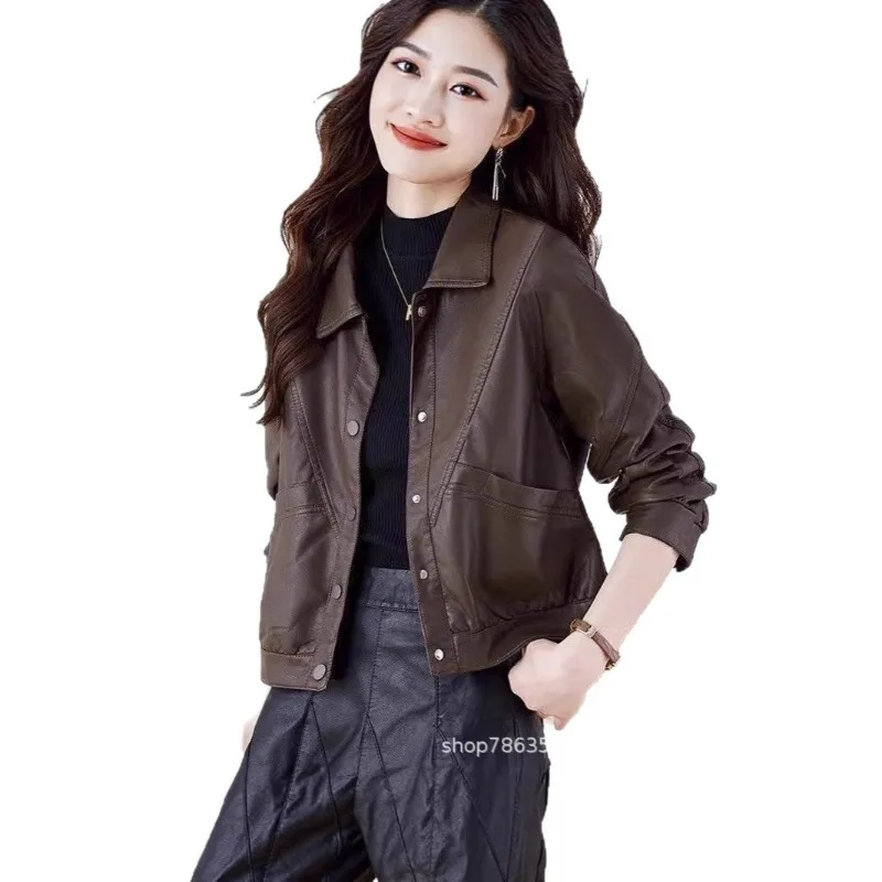 Nuevas chaquetas de cuero informales de primavera y otoño para mujer, chaquetas de motocicleta de cuero Pu holgadas y adelgazantes, chaquetas cortas de moda