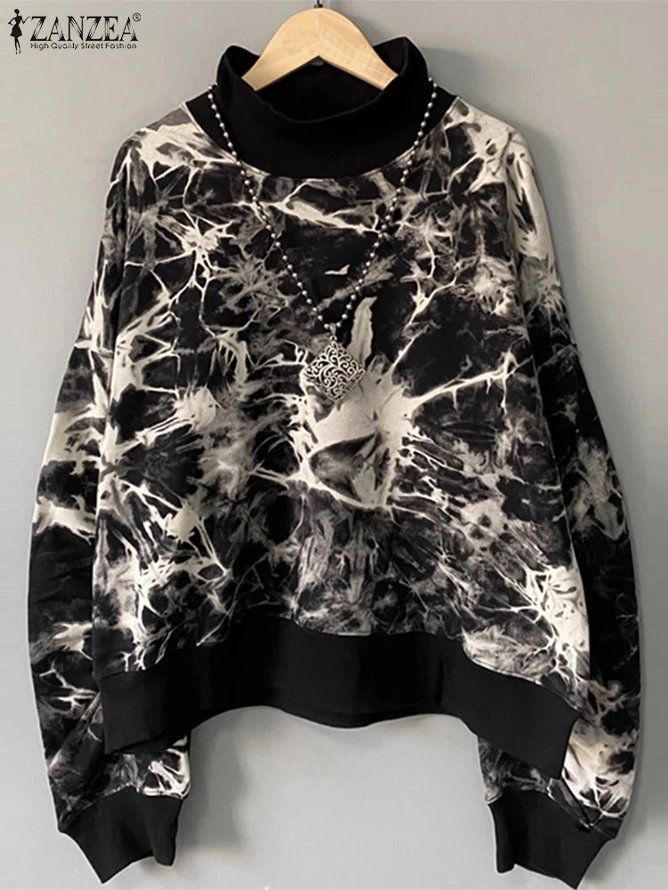 ZANZEA-sudaderas con capucha de cuello alto para mujer, sudaderas con estampado Tie-Dye para vacaciones, jerséis informales de manga larga para ir al trabajo 2024