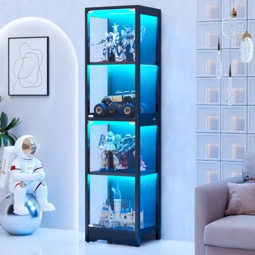 Display Cabinet with Glass Doors, 4-Tier Curio Cabinet with App RGB Lights for Collectibles, Display Case with Human