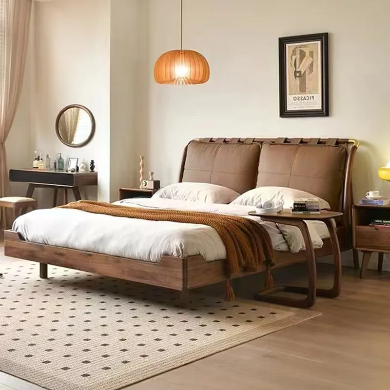 Black walnut solid wood bed, double bed, leather soft hovering bed