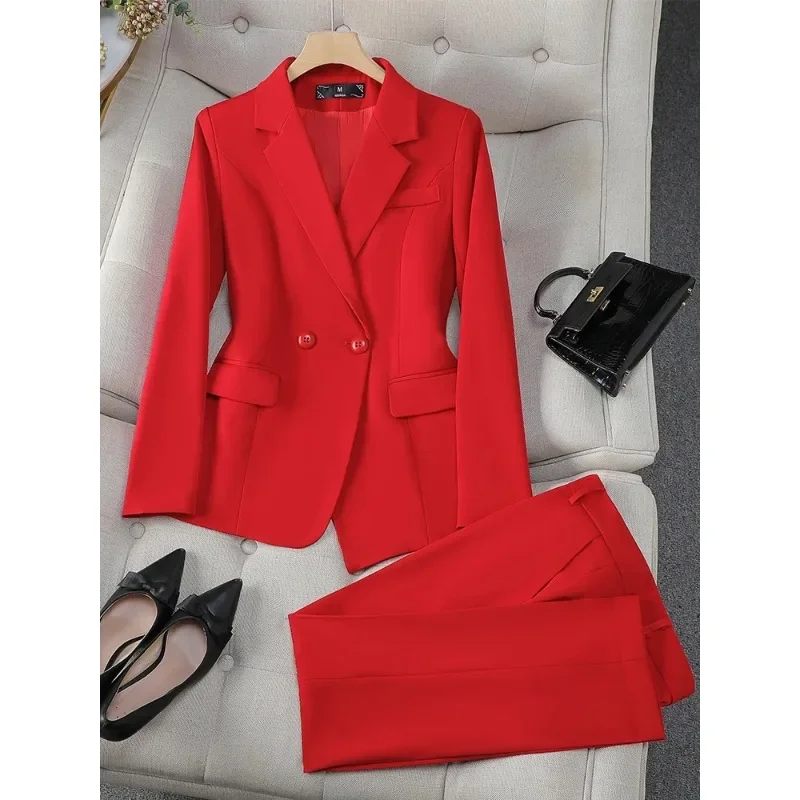 S-8XL Autumn Winter Red Ladies Pant Suit Formal 2 Piece Set Women Female Business Work Wear Blazer Jacket And Trouser