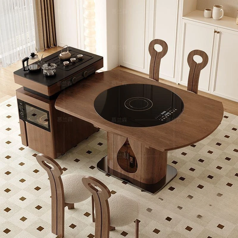 

Shimadai rock slab tea table dining table integrated detachable light luxury with warm vegetables induction cooker turntable