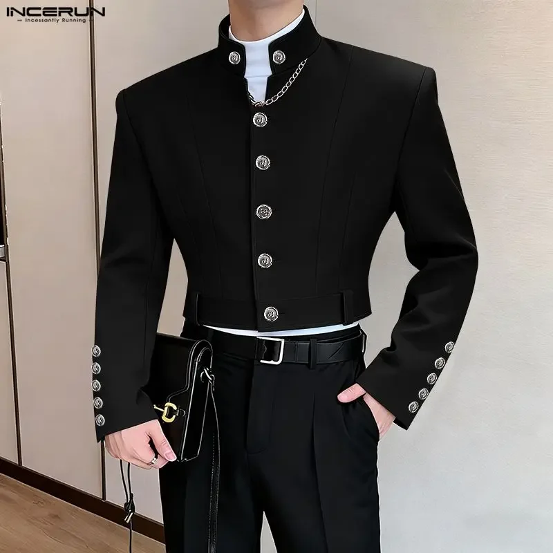 INCERUN Men Blazer Solid Color Stand Collar Long Sleeve Button Male Suit Streetwear 2026 Korean Style Fashion Casual Crop Coats