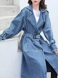 Fitaylor New Spring Autumn Women Fashion Denim Trench Coat Double Breasted Lace-up Long Jean Jacket Vintage Solid Color Outwear