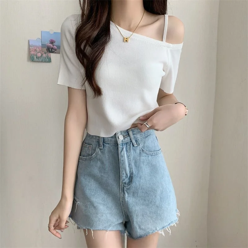 

Sexy Knitted ort Sve Slanted Collar Tirt Women's Tee-quarter Sve Color V-ne Pullover Faionable Casual Top