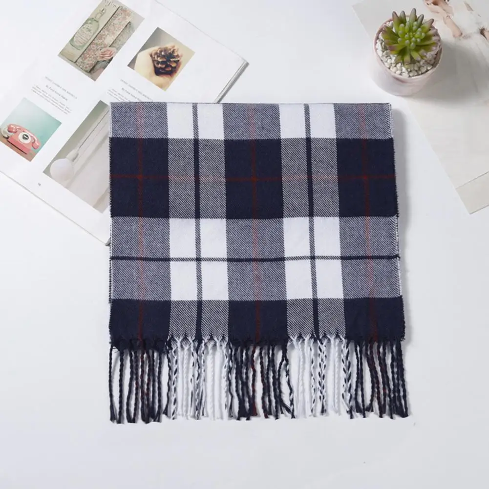 Men Neck Wrap Stylish Plaid Pattern Men's Scarf with Tassel Trim Long Wrap Imitation Cashmere Thermal Insulation Scarf for Daily