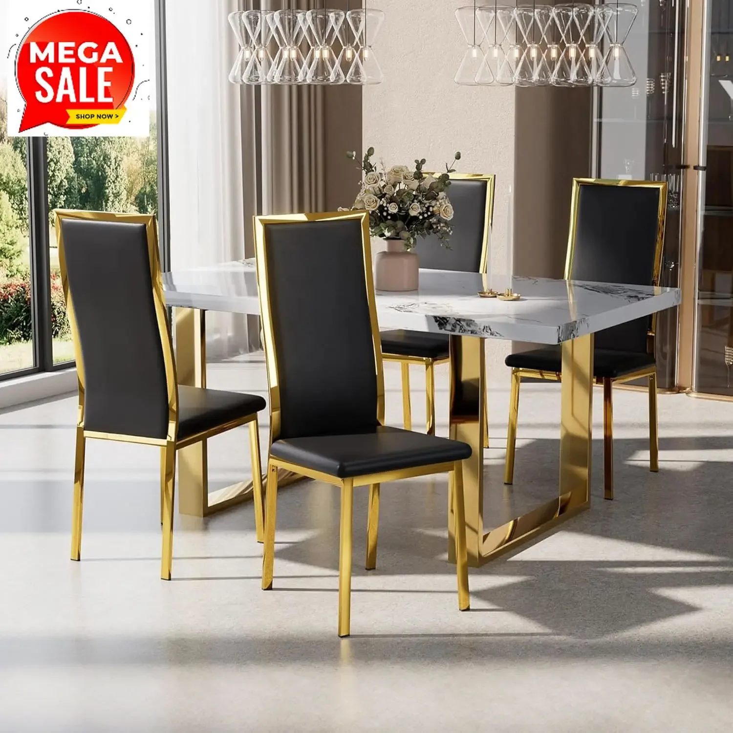 Modern Dining Chairs Set of 4, Black Faux Leather with Chrome Gold Metal Legs, Curved High Back Design & Cloud Cushioning, Mid-C