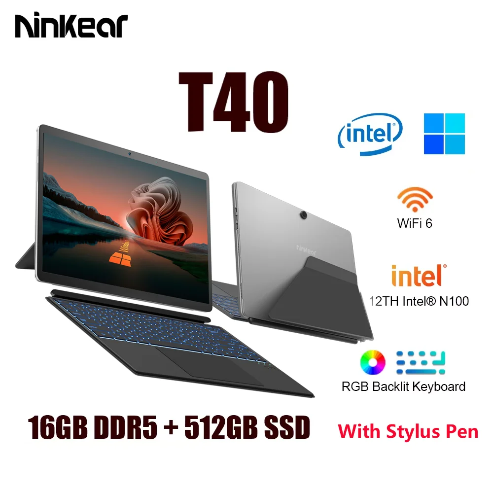 Ninkear T40 2 in 1 Laptop Touch Screen Tablet Intel N100 14 Inch FHD 16GB DDR5 512GB SSD Wifi 6 RGB Backlit Computer Notebook