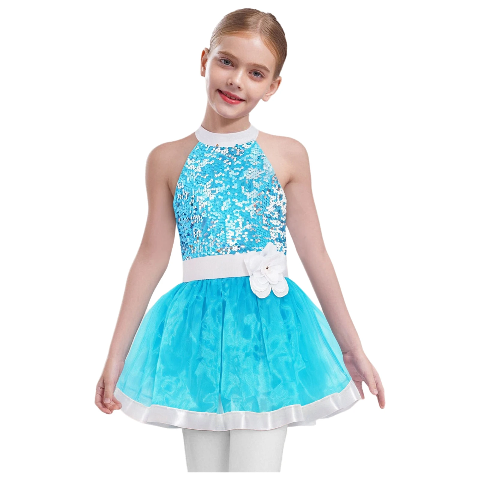 Girls Shiny Sequins Ballet Dance Tutu Leotard Sleeveless Layered Tulle Dress Pageant Party Princess Dress Figure Skating Costume