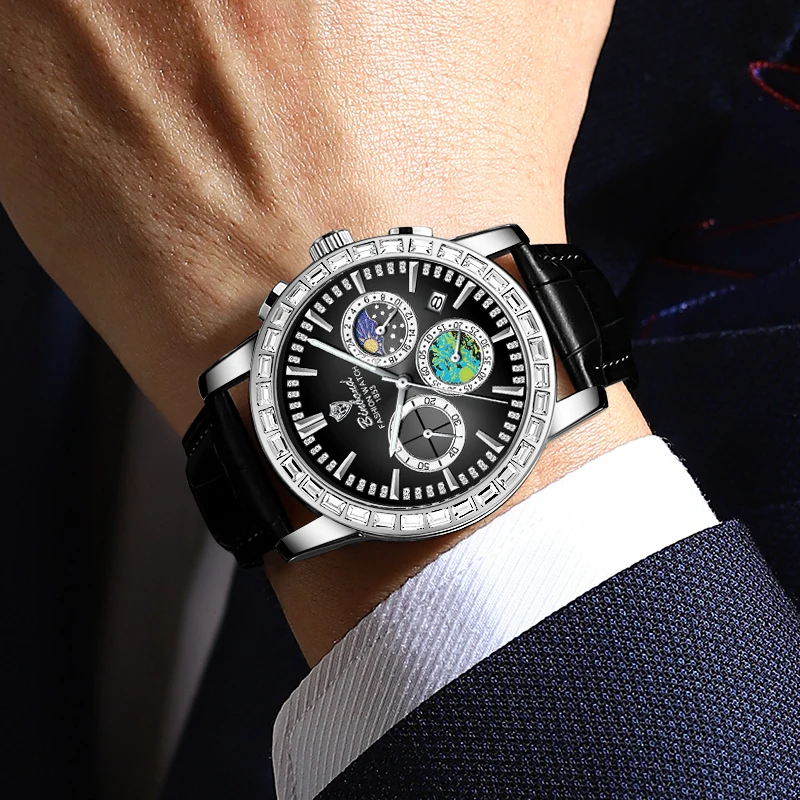 BINBOND ساعة عالية الجودة للرجال الرياضة كوارتز رجل ساعة اليد مقاوم للماء مضيئة كرونوغراف جلدية ساعات رجالية Reloj