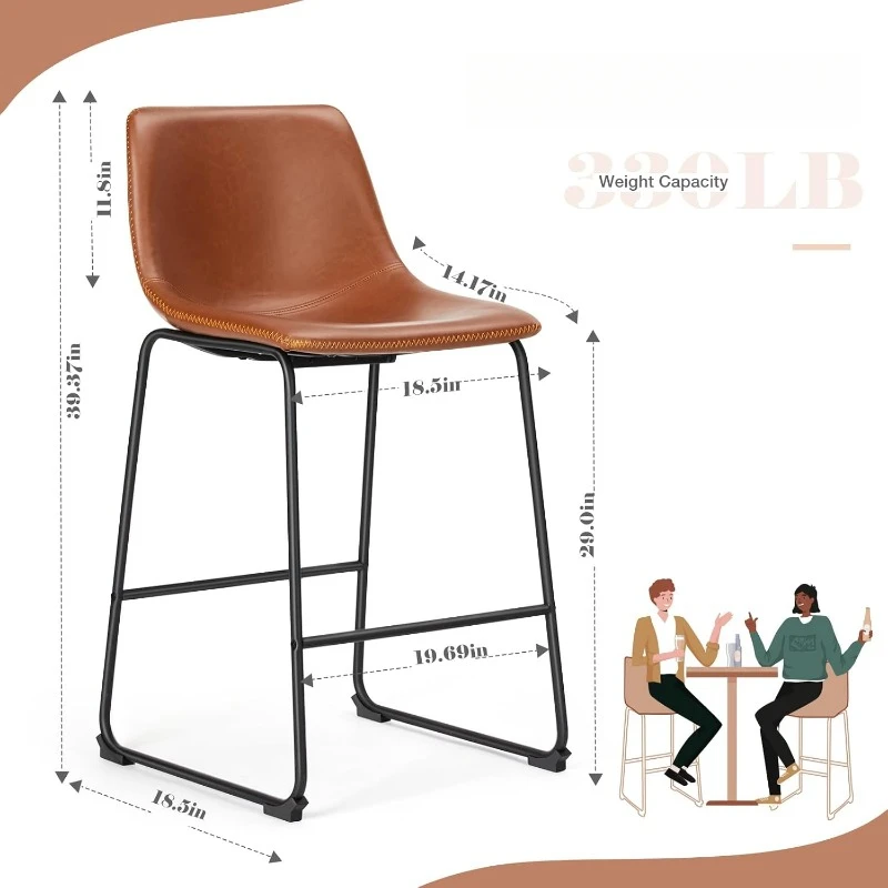 Conjunto de 2 bancos de bar com altura de balcão de 26 polegadas, bancos de bar modernos de couro sintético com encosto e perna de metal, cadeiras de bar para cozinha