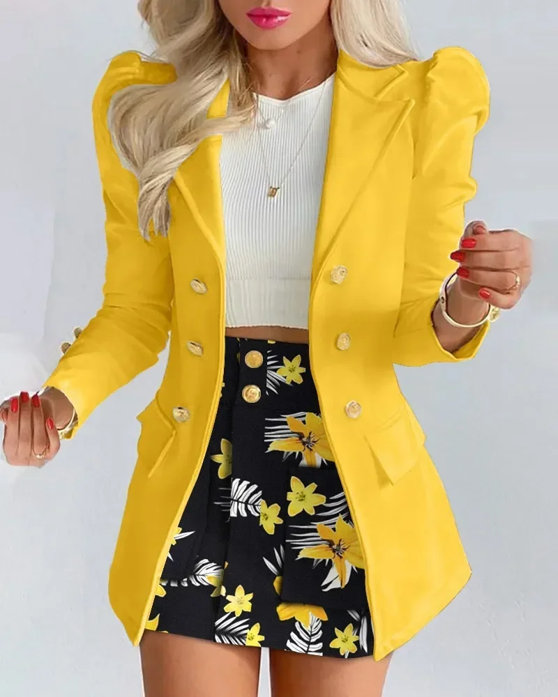 Chaqueta de manga larga de Color liso con minifalda, traje de dos piezas, Blazer y conjunto de vestido para mujer, Primavera