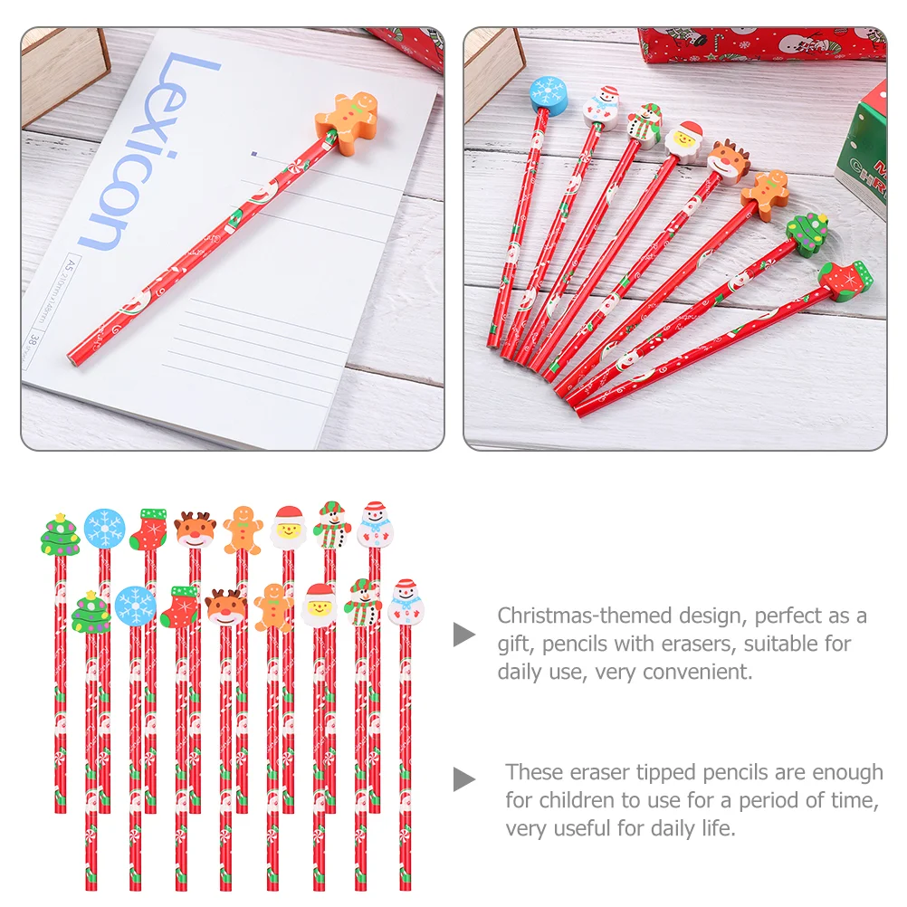 24pcs Christmas Pencils with Eraser Toppers Wooden Pencil Xmas Pencils for Party Favor household pencils