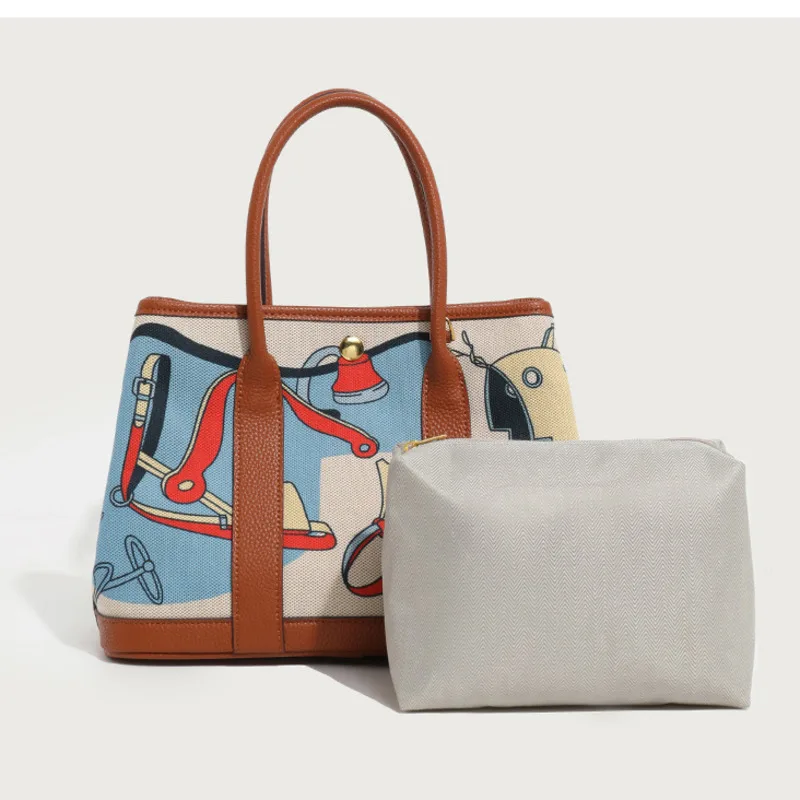 Painted Pattern Women's Handbag Canvas + Leather Splicing Large Capacity Shoulder Bag With Fabric Strap Crossbody Top Handle Bag