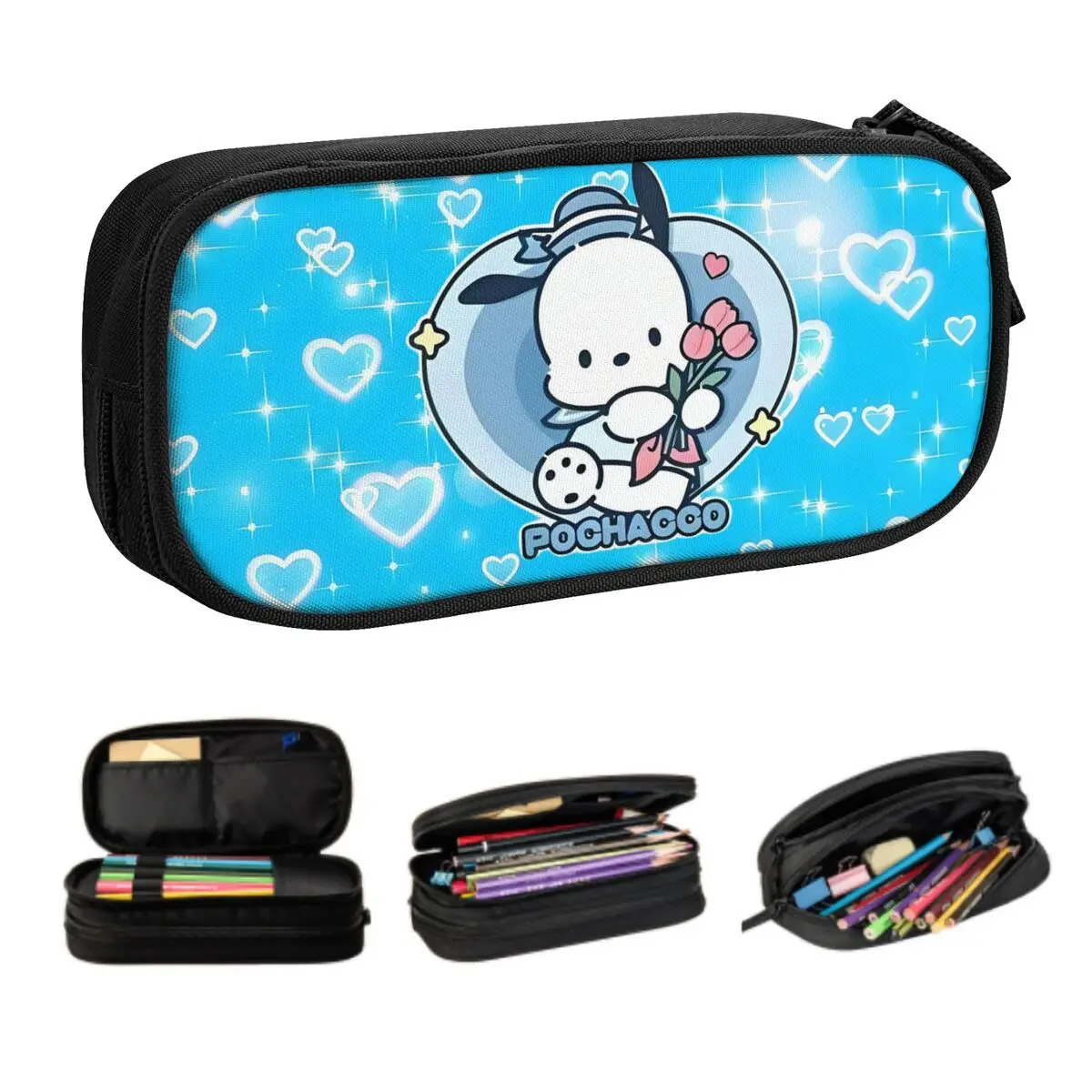 Estuche de lápices personalizado con forma de corazón de Sanrio Anime Pochacco para niños y niñas, estuche de lápices Kawaii de dibujos animados de gran capacidad, accesorios escolares