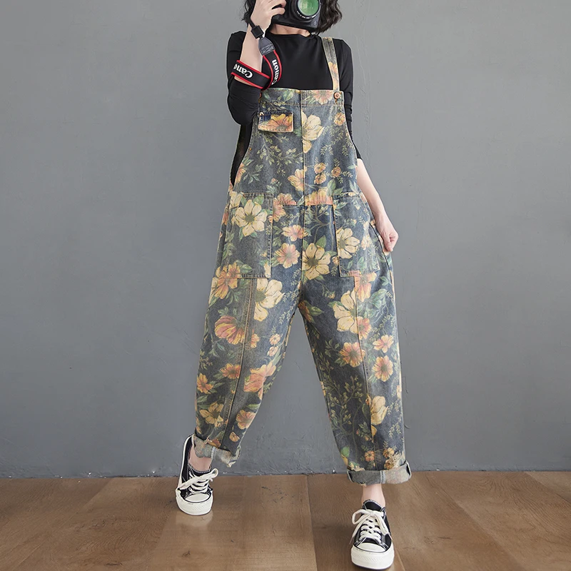 Casual Loose Oversize Jeans Jumpsuits Women Spring Autumn Print Floral Denim Overalls Wide Leg Dungarees Straps Baggy Pants