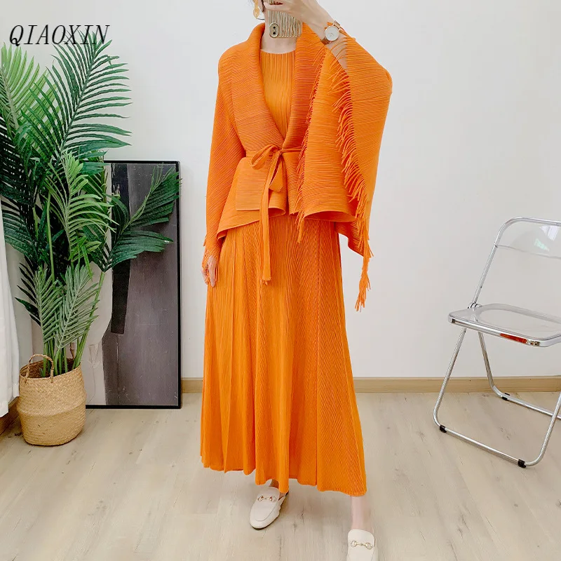 

Tassel Orange Lace Up Outerwear+long Floor Mop Sleeveless Vest Skirt Set 2024 Spring and Autumn New Two-piece Set