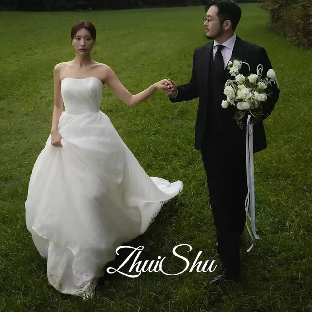 Elegante trägerlose Brautkleider aus reinem Elfenbein, Korea-Fotoshooting, Seidenorganza, A-Linie, Brautkleider, Korsett, Omar Nadula, Maßgeschneidert