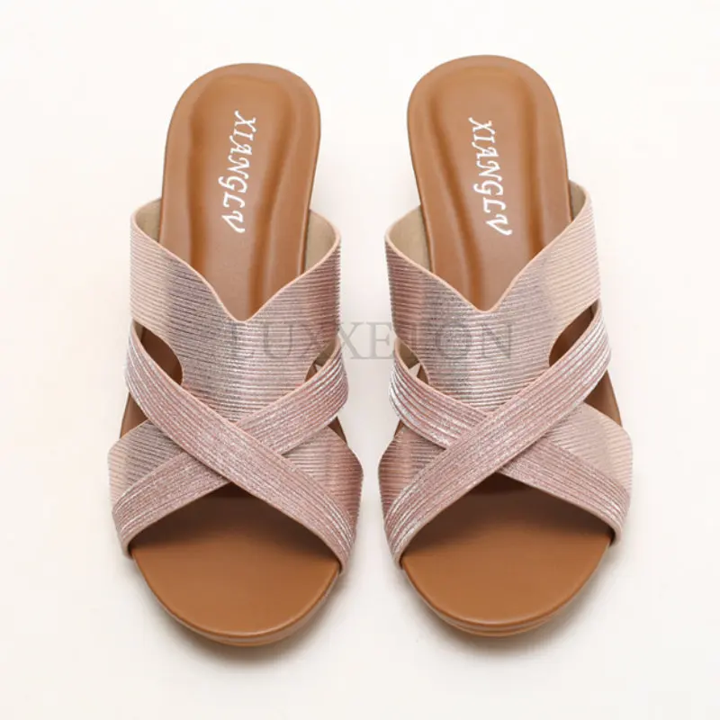 Women Platform Slip On Summer Heeled Mules Shoes Open Toe Wedges Slides Casual Leisure Beach Gladiator Sandals Plus Size