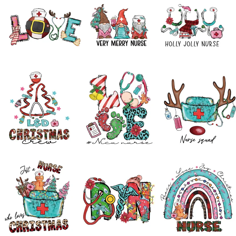 9 Stuks Kerst Thema Iron-On Transfer Stickers,Vinyl Warmte Overdracht Patches Voor Diy Kleding T-Shirt Warmte Overdracht Film