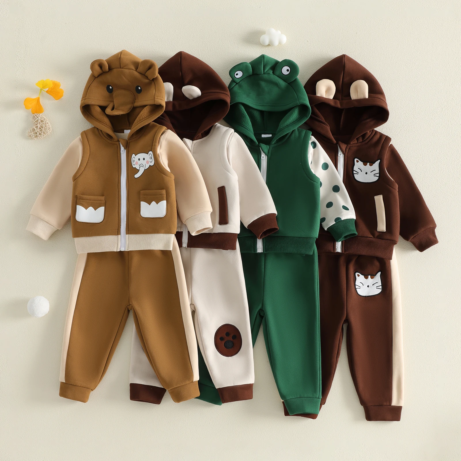 Infant Baby Boy Fall Outfit Long Sleeve Animal Print Sweatshirt Top + Long Pants + Vest 3pcs Sets Toddler Casual Tracksuit