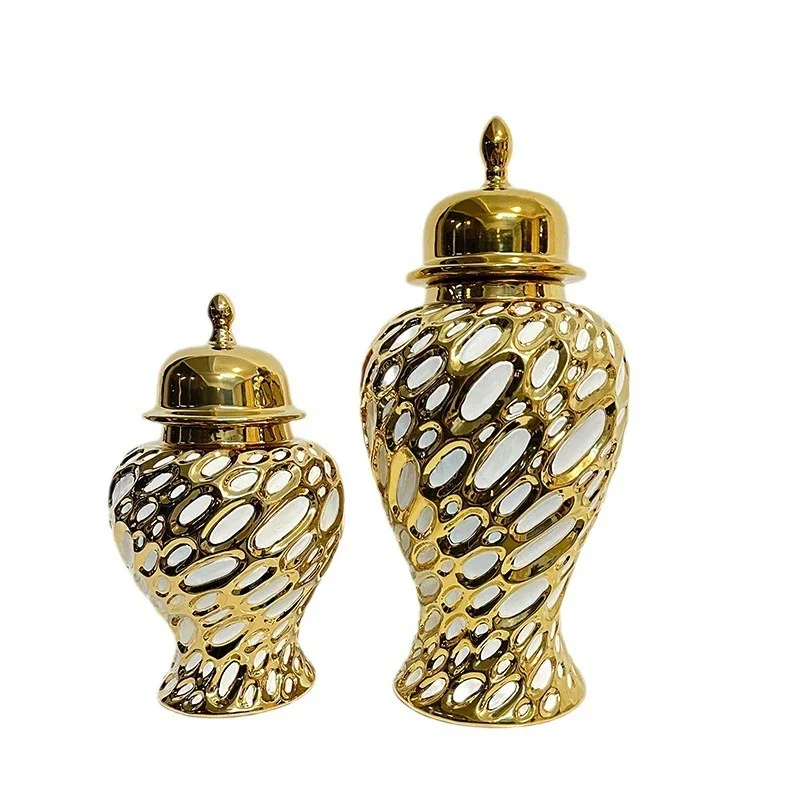 Light luxury gold electroplated ceramic general vase vase ornament living room dining table high-end model room flower arrangeme