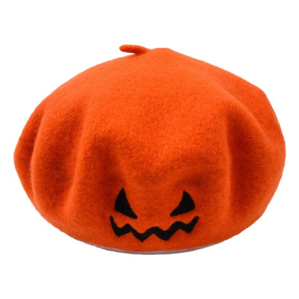 1Pc Halloween Pumpkin Beret Versatile Casual Wool Knitted Hat Embroidered Ghost Face Felt Hat Warm Popular Knit Cap Party Gifts